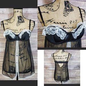 Black White Lace Trim Sheer Babydoll S